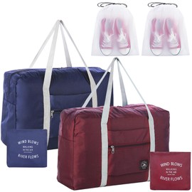 2PCS Travel Duffle Bags - Tote Carry on Bags (Nylon, Lightweight, Foldable, Water Resistant, Sports, Gym, Weekender, Overnight - Red, Blue, 2Pe)