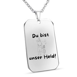Hanessa Halskette " Du bist unser Held ", Geschenk für den Vater, 60 cm Edelstahl Kette in silber mit Lasergravur, mit Schmuckbox