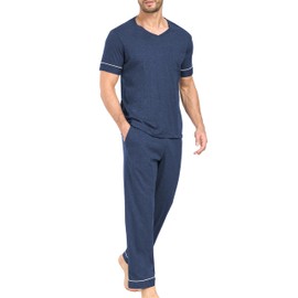 EA'S SECRET Mens Pajamas Set Classic Short Sleeve Sleepwear 100% Cotton Nightwear Soft Comfy Pjs Sleep Set With Pocket(Heather Navy,L)