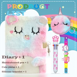 PESLNG Cat Plush Notebook Set, Diary Girls Notebook for Girls Plush A5 Travel Diary School Notepad Children Girls Festival Birthday Gift Journal Pink Girls Diaries