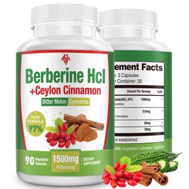 Berberine Supplement 1500mg - Premium Berberine HCl 97% Purity Berberine Plus Pure Ceylon Cinnamon, Supports Immune System, High Potency Berberine for Men Women, Non-GMO Vegan