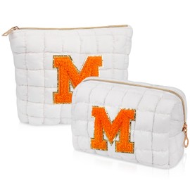 2PCS Initial Checkered Makeup Bag, Large Quilted Cosmetic Bag, Cute Make up Pouch for Purse, Travel Toiletry Storage Bag for Women Preppy Teen Girls Gift Trendy Stuff Gift (White M)