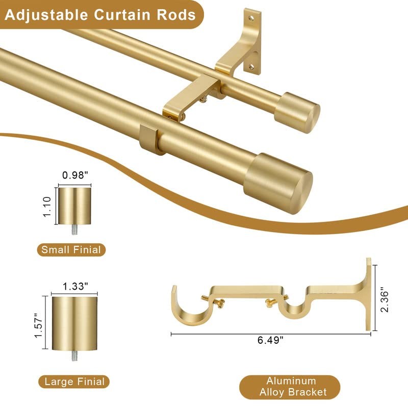 Brass Double Curtain Rods with Cap Finials, Double Curtain Rods