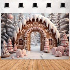 Christmas Gingerbread House Backdrop Winter Snow Candy Cane Photography Background Newborn Baby Shower Birthday Party Backdrop Children Christmas Party Backdrop Banner,7x5feet