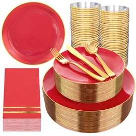 NOCCUR 350PCS Red Plastic Plates - Disposable Red Gold Dinnerware Set for 50 Guests, 100 Dinner/Dessert Plates, 150 Gold Silverware, 50 Cups&50 Napkins for Party/Wedding/Birthday/Christmas