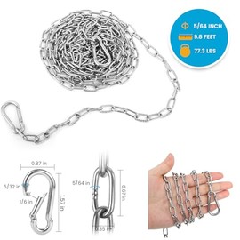10 Feet Long Light Duty Chain, 5/64 Inch Small Metal Chain with 5/32 in Carabiners, Easy to Adjust Stainless Steel Link Chain for Indoor Outdoor Hanging Bird Feeder Wind Chimes Signs Planters Silver