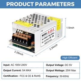 HPMN 5V 5A DC Power Supply 100-240V AC to DC 5 Volt 5 Amp 25W Power Adapter Universal Regulated Switching AC/DC Adapter Converter Transformer LED Driver for LED Strip Light CCTV Camera