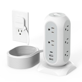 15 ft Extension Cord Tower Power Strip, 11 Outlets 3 USB(1 USB-C) Chargers, TESSAN Surge Protector with Multi Plug Outlet, 1050J Protection, Office Supplies, Desk Accessories, School Dorm Essential