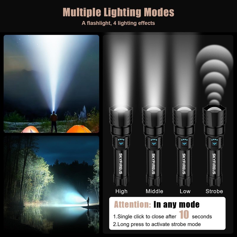 SKYFIRE Rechargeable Flashlights High Lumens,5000mAh Super Bright Flashlight Waterproof Powerful
