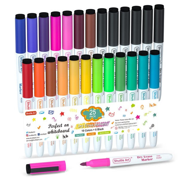 Shuttle Art Dry Erase Markers, 25 Pack 20 Colors Whiteboard Markers,Bundled with 5 Extra Black,Fine Tip Dry Erase Markers for Kids,Perfect for Writing on Dry-Erase Surfaces,School Office Supplies