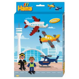 Hama Perlen 3445 Airport Gift Set with Approx. 2,000 Colourful Midi Iron-On Beads with Diameter 5 mm, Motif Template and Pen Plate Including Ironing Paper, Creative Craft Fun for Young and Old