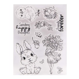 arriettycraft Happy Easter Egg Bunny Chicken Flowers Butterfly Sending Happy Thoughts Clear Stamps for Card Making Decoration and DIY Scrapbooking Tools Rubber Stamps