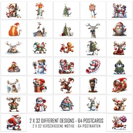 Pack of 64 Funny Christmas Postcards with Funny Drawings on the Front - 32 Different Designs