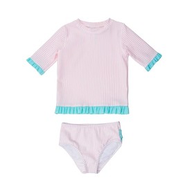 RuffleButts Baby/Toddler Girls UPF50+ Sun Protection Seersucker Short Sleeve Ruffle Rash Guard Bikini - Pink, 7