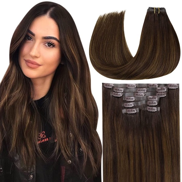 Vivien 50 cm Seamless Clip-In Real Hair Extensions 7 Pieces 140 g Balayage Darkest Brown with Light Brown #2/8/2 Extensions Clip in PU Real Hair Balayage Real Hair Extensions Clip