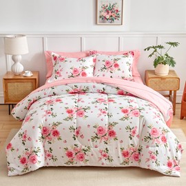 Flower Comforter Sheet Set White Bed in a Bag 6 Pieces Twin Size Dark Pink Floral Microfiber Bedding Set (1 Comforter 2 Pillow Shams 1 Pink Flat Sheet 1 Fitted Sheet 1 Pillowcases)