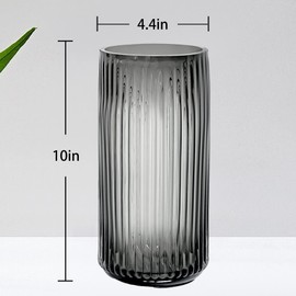 Muyan 9.8" Flower Vase for Decor Ribbed Glass Vase Modern for Centerpieces Desktop Home Office Dining Living Room Wedding (Gray)