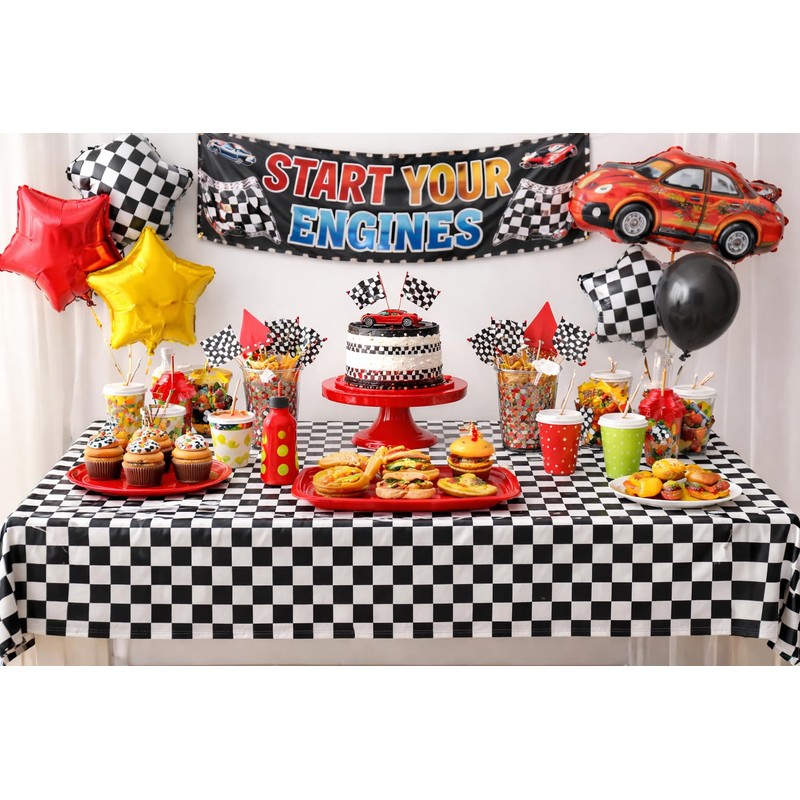 GiftExpress 2-Pack Black & White Checkered Flag Tablecloth Plastic Party