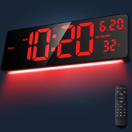 Xflyee 16.5" Large Digital Wall Clock with RGB Night Lights, Auto Dimmer, Remote Control, Date, Indoor Temperature, DST