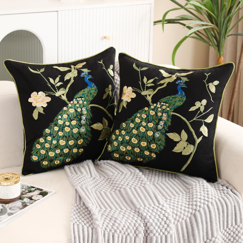 Holibeat Spring Embroidered Birds Tree Throw Pillow Covers Peacock Decorative