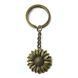 Llavero con colgante de girasol de color bronce envejecido, llavero de bronce, flor de sol