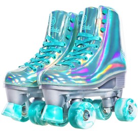 JajaHoho Roller Skates for Women, Shiny Holographic High Top Rollerskates, Double-Row Four Mixture Gradient Wheels Quad Skates for Girls Age 8-50 Indoor Outdoor (Size 9, Mint Green)