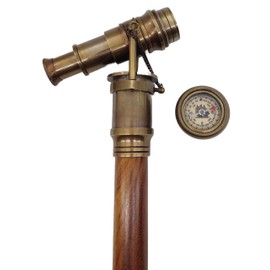 5MOONSUN5's Brass Walking Stick Vintage Handle Victorian Telescope with Compass Head Foldable Steampunk Accessories Wooden Walking Stick Cane for Men and Women