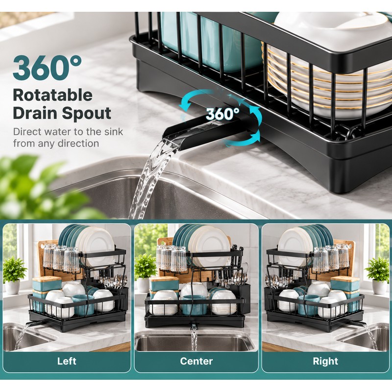 2-Tier Dish Drying Rack for Kitchen Countertops – Removable Metal