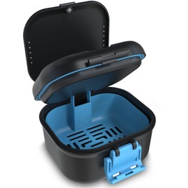 BVN Leakproof Denture Cup, Upgraded Carrying Storage, Denture Cup for Soaking Dentures,Denture Bath Box with Filter, Travel Retainer Cleaning Case (Black+Blue).