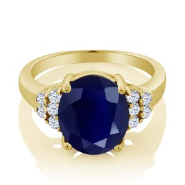 Gem Stone King 5.40 Cttw Blue Sapphire and White Created Sapphire 18K Yellow Gold Plated Silver Ring for Women | Oval 12X10MM | Gemstone Birthstone | Available In Size 5, 6, 7, 8, 9