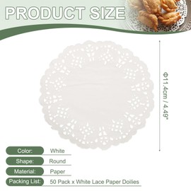 YELARXI Paper Doilies, 4.5 Inch White Lace Doilies Round Disposable Decorative Placemats Hollow Flower for Cakes Desserts Food Crafts Parties Birthday Tableware Decoration (50 Pack, White)