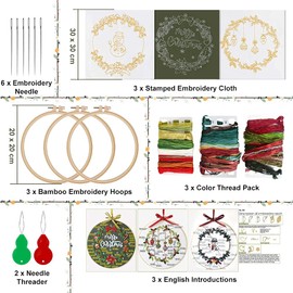 Christmas Embroidery Kits, 3 Set Christmas Embroidery Starter Kit with Stamped Cloth/Embroidery Hoops/Needle Threader/Needles/Color Threads, Xmas Cross Stitch Kit and Instructions for Adults Beginners