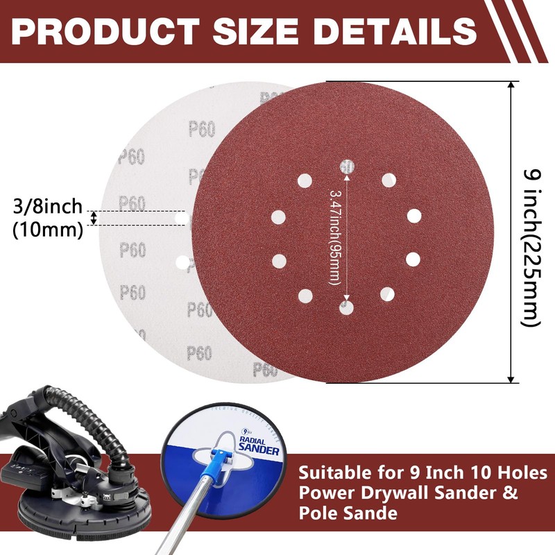 50 Pack 9-Inch 10-Hole Hook-and-Loop Sanding Disc, 60 Grit Aluminum