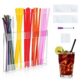 Acrylic Straw Holder for Cabinet Door, Cupboard Reusable Straw Organizer Container, Flexible Removable Drinking Straw Dispenser Storage Box for Kitchen Counter (Transparent)