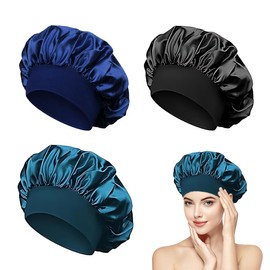 DHJWDUX 3 Stück Schlafen Bonnet Schlafhaube Seide Seidenhaube Zum Weiche Und Bequeme Satin-Schlafmütze Seide Mit Gummizug Für Damen Und Mädchen Navy Loch Blau. Schwarz
