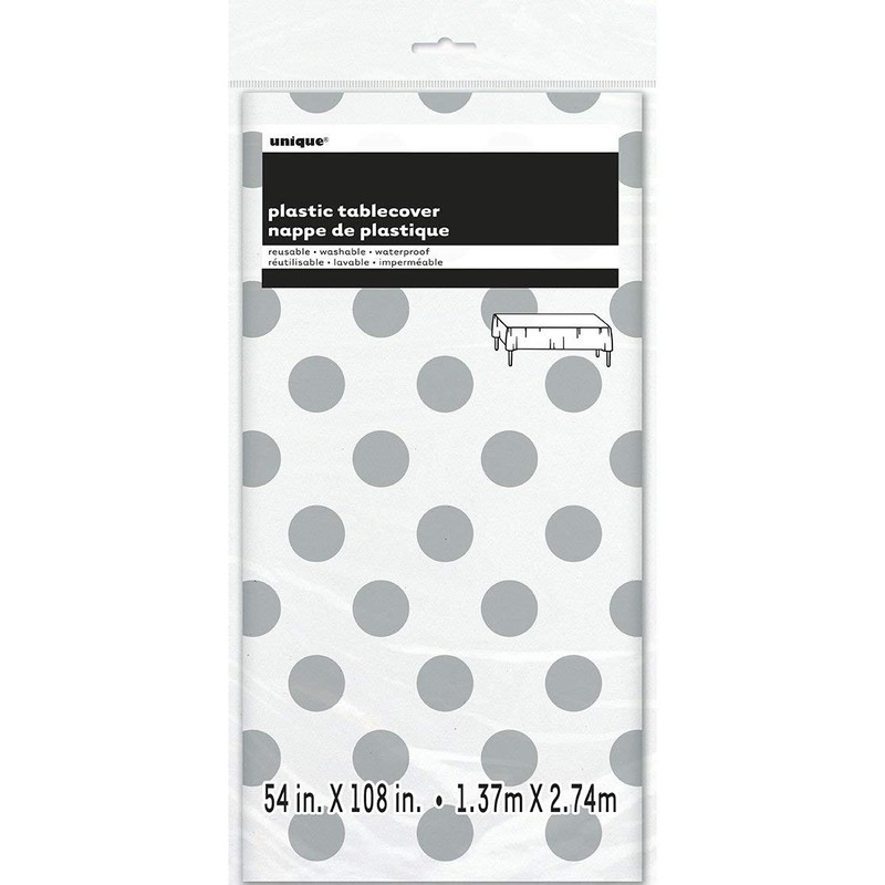 Unique Party 37283 - Plastic Silver Polka Dot Tablecloth, 9ft