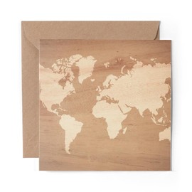 1 x Greeting Card Wooden Earth Map Global Travel - Blank Birthday Celebration Anniversary #15943