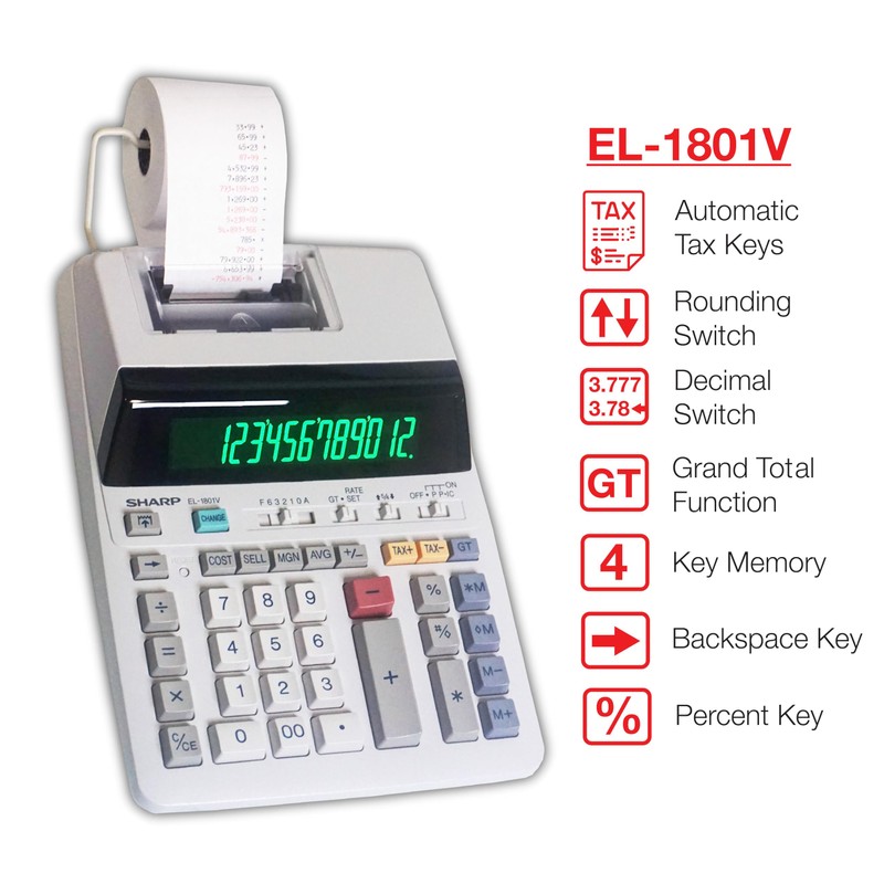 Sharp EL-1801V Ink Printing Calculator, 12-Digit LCD, AC Powered, Off-White,