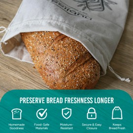 Nubliss Reusable Organic Linen Bread Bags for Homemade Bread with Inner Lining - Durable Bread Packaging & Storage - Sourdough Loaf Bags - Perfect for Sourdough Loaves and Baguettes, Pack of 2