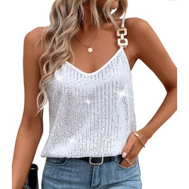 Sequin Tops for Women Plus Size Metallic Tops Camisole Mardi gras Outfit Silver Tank Shirt White XXL