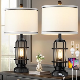 Modern Table Lamps Set of 2, Industrial 3-Way Dimmable Bedside Lamp with USB A+C Ports & AC Outlet, 25" Touch Control Nightstand Lamp LED Night Light for Living Room Bedroom Home(4 Bulbs Included)