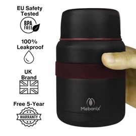 Mebanix Food Flask for Hot Food, Soup | 400ml Stainless Steel Double Walled Vacuum Insulated Leakproof Jar with Folding Spoon | BPA Free | 6 hrs hot 10 hrs cold | For Adults and Kids. Black.