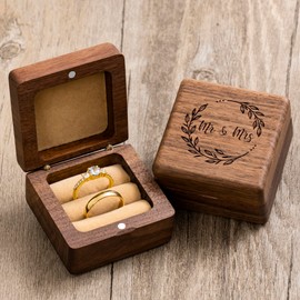 KWOOD Mr & Mrs Ring Box - Engraved Walnut Wooden Ring Box for Wedding Ceremony - Wedding Anniversary Birthday Gift Ideas (Style 1)