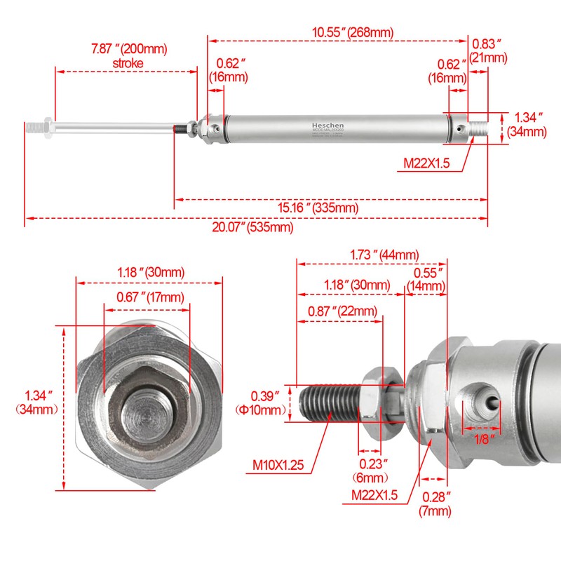 Heschen Pneumatic Slim Air Cylinder, MAL 25-200, PT1/8" Port, 25mm