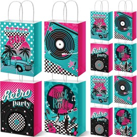 Sweetude 24 Pcs 50s Paper Gift Bags 1950's Rock and Roll Music Bags 50's Themed Party Decorations Retro Records Paper Goodies Bags for Music Birthday Anniversary Party Favor Grease Party Decorations