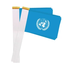 25 Packs Small United Nations Flags on Handheld Stick，Miniature United Nations UN Flag for Outside,4x6 Inch Mini Hand Held Banner with Golden Topper,Patriotic Decorations