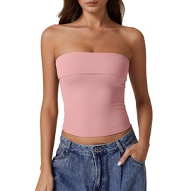 QINSEN Womens Y2k Off Shoulder Tops Double Lined Strapless Tube Top Going Out Bandeau Crop Tops Pink XS