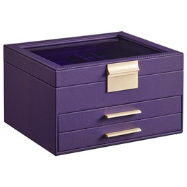 SONGMICS Jewelry Box with Glass Lid, 3-Layer Jewelry Organizer, 2 Drawers, for Big and Small Jewelry, Jewelry Storage, Modern Style, 8 x 9.1 x 5.3 Inches, Purple and Gold Color UJBC239P02