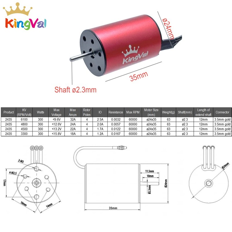 KingVal Replacement 2435 4500KV Waterproof Brushless Motor Shaft 2.3mm Compatible