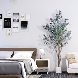 Olive Trees Artificial Indoor, 8ft Tall Faux Olive Tree with Natural Wood Trunk, Realistic Leaves & Fruits, Tall Artificial Plants Indoor, Fake Plants for Home, Office, Living Room Decor